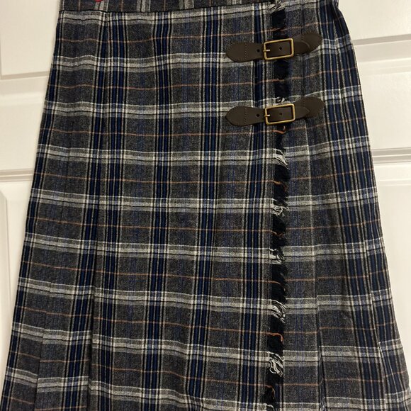Blue and gold plaid wool buckled skirt - Picture 2 of 5